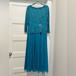Marina Scalloped neckline Sequin Lace Bodice Pleated Broach A-Line Chiffon Dress